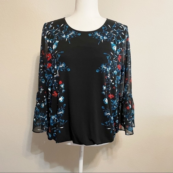 Alfani Black Floral Sheer Bell Ruffle Sleeves Bubble Hem Petite Large - Picture 1 of 8